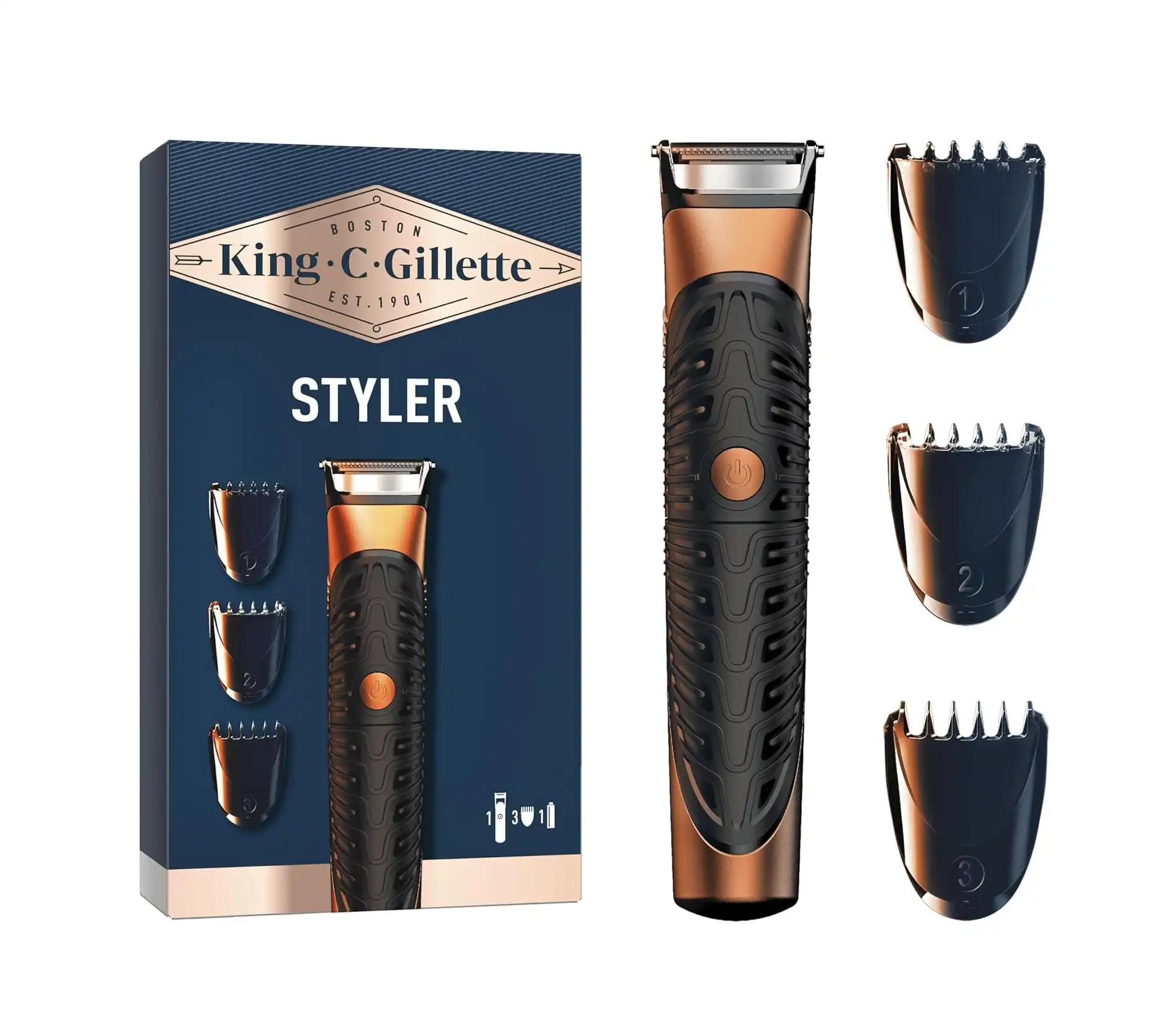 La tondeuse 3-en-1 King C Gillette Styler vous permet de tailler votre barbe de manière précise, quel que soit votre style. La tondeuse Styler présente tous les avantages nécessaires pour obtenir n’importe quel style de barbe : la tondeuse étanche dispose de trois sabots interchangeables (2, 4 et 6 mm) pour obtenir une longueur uniforme et épouser les contours de votre visage. Doté de la technologie Braun, le Styler est étanche grâce à son fonctionnement à pile et peut être utilisé sous la douche. Il est particulièrement pratique à utiliser grâce à son manche facile à saisir. Le Styler vous permet de créer facilement n’importe quel look avec un seul outil de précision.