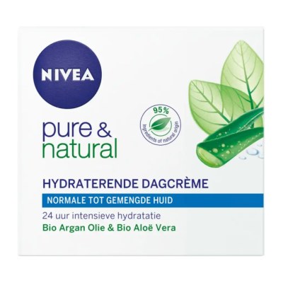 Crème hydratante NIVEA Pure & Natural pour peau normale, 24 h d’hydratation, à l’huile d’argan et à l’aloe vera bio